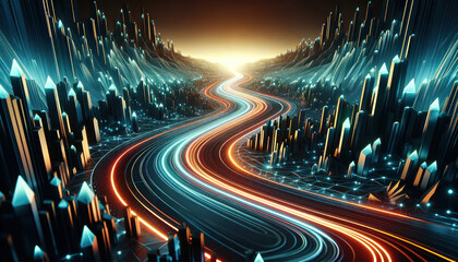 futuristic highway, with smooth, winding roads stretching into the horizon.
