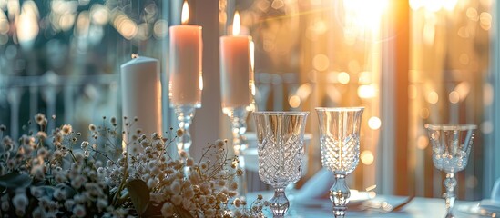 An elegant table set for a wedding reception in a skyscraper with candles, wine glasses, tableware, and a view of the city skyline. The ambiance is enhanced by plants and art - obrazy, fototapety, plakaty