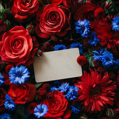 Gift large bouquet of red roses and blue cornflower flowers with a white business card drowned in flowers