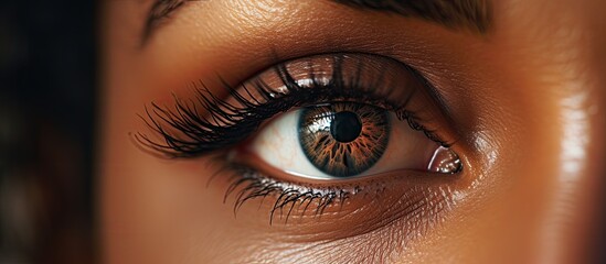 A closeup of a womans brown eye with long eyelashes, adorned with violet eyeshadow, electric blue...