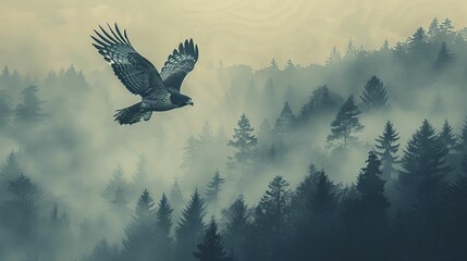Astute Falcon in Hunter's Garb, diving with a dense forest silhouette background - obrazy, fototapety, plakaty