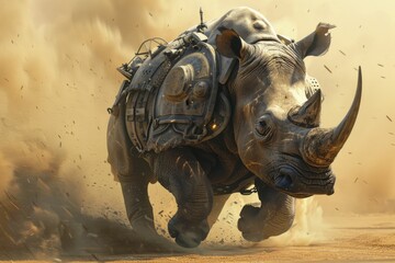 Courageous Rhino in Battlegear, charging with a dusty plain silhouette background. - obrazy, fototapety, plakaty