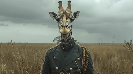 A majestic giraffe, regal in a high guard's attire, surveys the savanna against a striking gothic backdrop. - obrazy, fototapety, plakaty