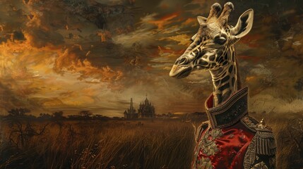 Gallant Giraffe in a High Guard's Uniform, overlooking the savanna with a gothic background. - obrazy, fototapety, plakaty
