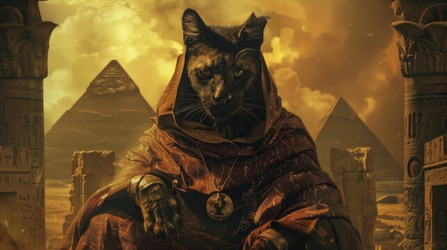 The enigmatic sphinx in a riddle master's robe poses gracefully against an ancient ruins silhouette backdrop.
