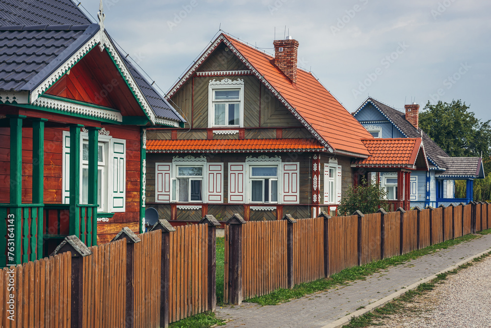 Sticker Traditional cottages for rent in Bialowieskie Siolo hotel in Budy village, Podlasie region of Poland