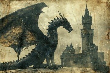 Guardian Dragon in Protector's Armor, looming with a castle tower silhouette background. - obrazy, fototapety, plakaty