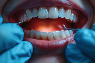 Closeup of blue eyes and smiling mouth as dentist examines teeth