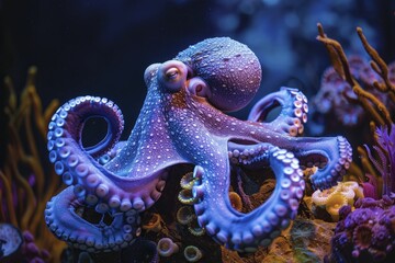 An octopus inquisitively tinkers with tools amidst a stunning coral reef backdrop, embodying innovation and exploration. - obrazy, fototapety, plakaty