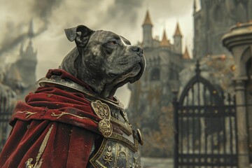 A steadfast hound, clad in a knight's armor, stands vigilant at the gates in a mystical realm of fantasy. - obrazy, fototapety, plakaty