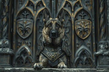 A valiant hound adorned in a knight's armor stands sentinel at the gates, enveloped in a mystical fantasy realm. - obrazy, fototapety, plakaty