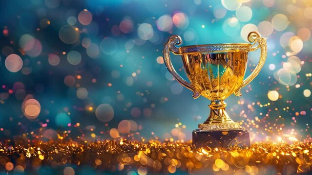 golden trophy award bokeh soft blue background