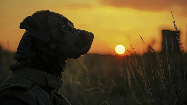 Loyal Dog in a Soldier's Uniform, guarding with a fort silhouette background