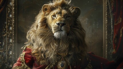 A majestic lion, draped in nobleman's attire, strikes a regal pose against a gothic backdrop, exuding timeless grandeur.