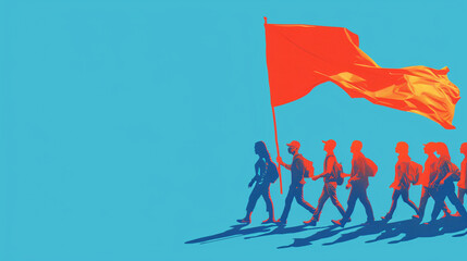 Workers marching in solidarity under the banner of Labour Day, against a vibrant blue background, with copy space for text. 32K.