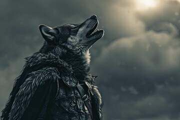 Noble Wolf in Knight's Armor, howling against a battlefield silhouette background - obrazy, fototapety, plakaty