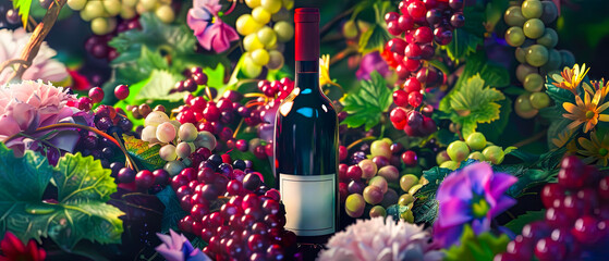 A bottle of wine is surrounded by a bunch of grapes and flowers