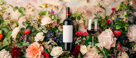 Bottle of wine and a glass are placed on a table with flowers