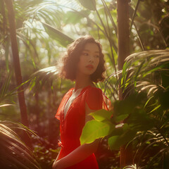 Elegant Lady in Red Dress, Exotic Jungle, Fashionable Natural Setting