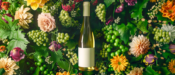 A bottle of white wine is surrounded by a bunch of flowers. Concept of relaxation and enjoyment
