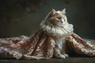The majestic feline exudes elegance in a queenly coronation gown, seated gracefully against a dark backdrop.