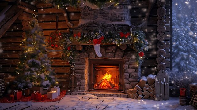 an image of a fireplace in a rustic wooden log cabin nestled in a snow-covered forest, adorned with festive decorations and a warm, crackling fire