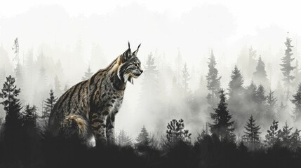 A stealthy lynx, concealed in hunter's garb, prowls amidst the shadowy backdrop of a boreal forest. - obrazy, fototapety, plakaty