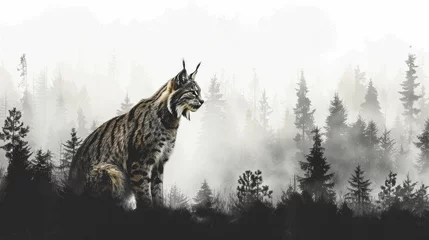 Foto op Canvas A stealthy lynx, concealed in hunter's garb, prowls amidst the shadowy backdrop of a boreal forest. © Kanisorn