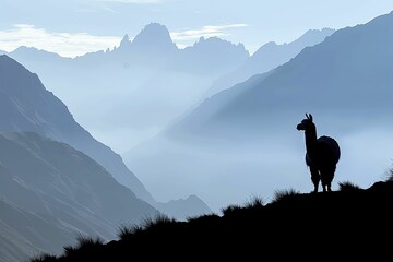 Fototapeta premium Wandering Alpaca in Traveler's Cloak, trekking with a mountain pass silhouette background