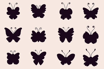 Fototapeta premium Set of cartoon garden insects. Silhouettes of cute butterflies. Vector collection of isolated bugs on white background