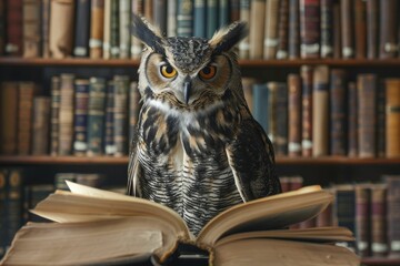Wise Owl in Scholar's Attire, perched with a library silhouette background