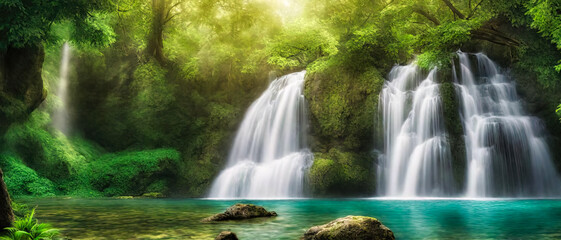 Beautiful veil cascading waterfalls, mossy rocks, blurred water. Generated AI
