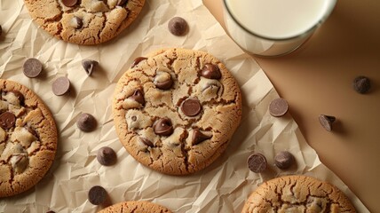 Chocolate Chip Cookies with Milk on Light Brown Table


