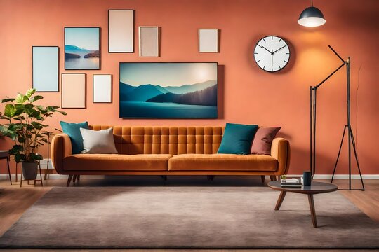 interior of living room with couch, armchair, clock and tv on stand.