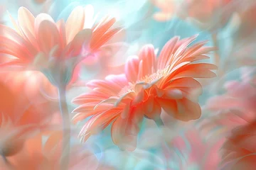 Fotobehang Delicate beautiful gorgeous gerbera flower close-up in dew drops, rain, on blurred background in pastel colors. Wallpaper. Macro. © alisluch