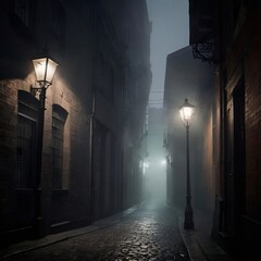 Experience the allure of a misty alley bathed in the glow of a solitary streetlamp, shrouded in mystery and intrigue.
