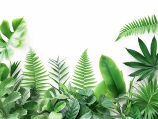 A lush frame of varied green tropical leaves against a pure white backdrop, perfect for eco-friendly themes.
