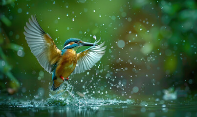 Fototapeta premium Kingfisher emerging from water with wing outstretched