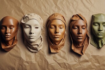 group of Golden Paper Face Artistic Portraits Crafted from Gold Paper on Golden Background