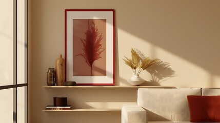 an image of a living room featuring beige tones, a shelf, and a red mockup frame with artistic elements