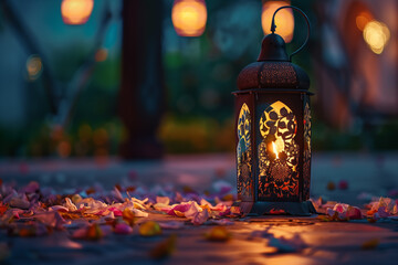 Ramadan Kareem and Eid Mubarak greeting card design with lantern standing on the ground with...