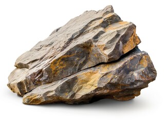 A pair of rugged stone boulders isolated on a white background, showcasing the texture and color variations of natural rocks.