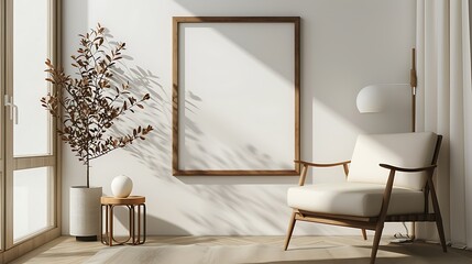 an image of a living room with a minimalist composition, showcasing a brown mock-up picture frame and a retro armchair