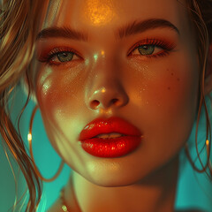 Fashion portrait of young beautiful woman with red lips and glowing skin.
