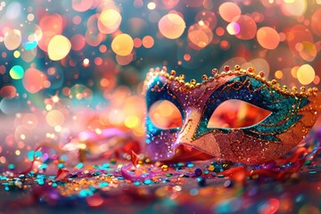 A colorful masquerade mask surrounded by glitter and festive bokeh lights