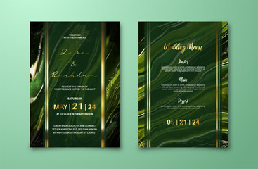 Luxury wedding invitation card with dark green alcohol ink painting background. Abstract marble texture for marriage celeberation template. Engagement card mockup