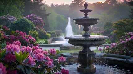 A Dawns first light illuminates a majestic garden with blooming rhododendrons