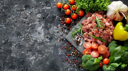 Raw organic minced pork. Spices, vegetables, fresh greens. Cooking stone background, copy space