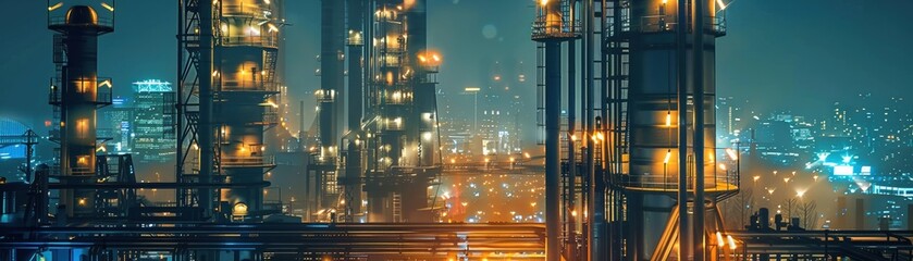 A digitally enhanced industrial landscape glowing with futuristic lights at night.