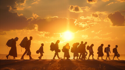  Individuals walking through a desert carrying belongings. - obrazy, fototapety, plakaty